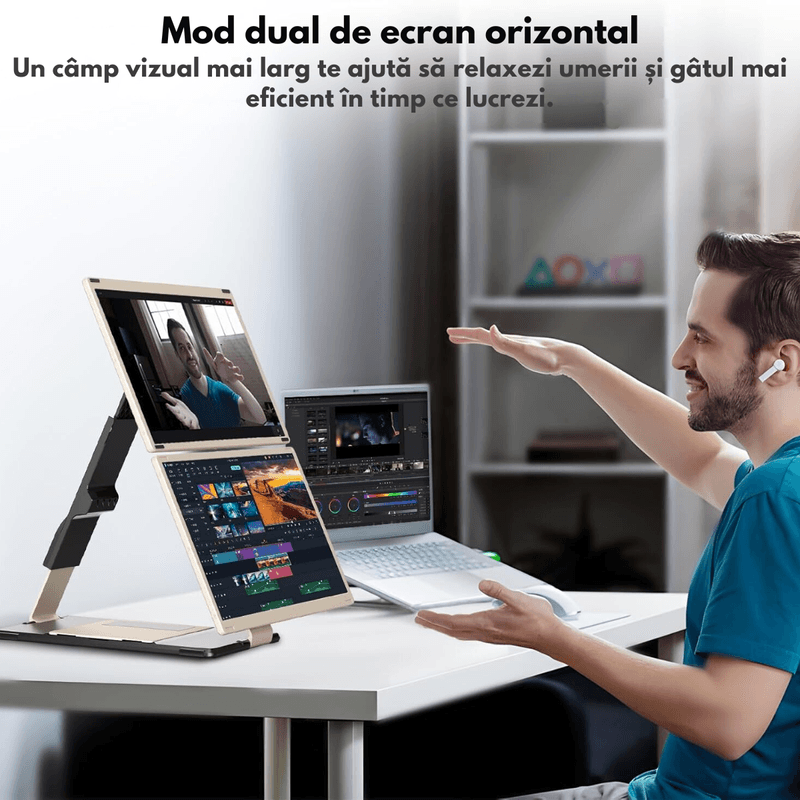 PC, gaming si accesorii - Desktop PC & monitoare - Monitoare - Monitor Extensibil Triplu pentru Laptop de 13"-17.3" Extindere, Qova®, cu Ecran de 15.6" inch, afisaj IPS Full HD 1080P - Infinity.ro