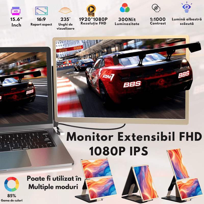 PC, gaming si accesorii - Desktop PC & monitoare - Monitoare - Monitor Extensibil Triplu pentru Laptop de 13"-17.3" Extindere, Qova®, cu Ecran de 15.6" inch, afisaj IPS Full HD 1080P - Infinity.ro