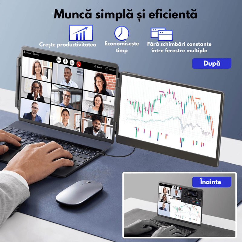 PC, gaming si accesorii - Desktop PC & monitoare - Monitoare - Monitor Extensibil si Portabil pentru laptop, Qova®, Extender ecran 14 inchi FHD 1080P IPS, pentru laptopuri 13/17 inchi - Infinity.ro