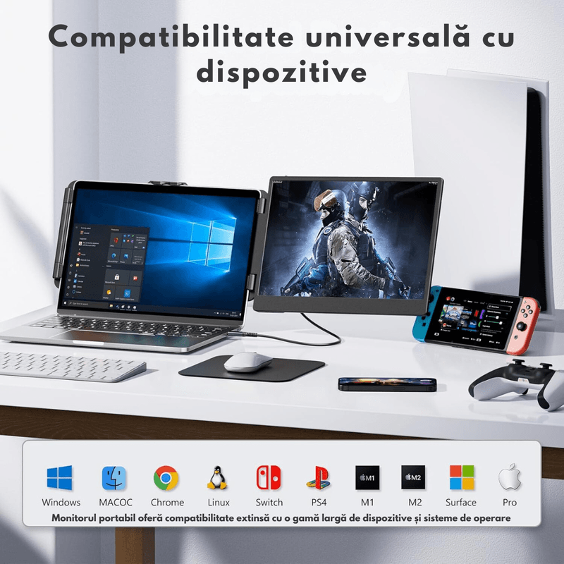 PC, gaming si accesorii - Desktop PC & monitoare - Monitoare - Monitor Extensibil si Portabil pentru laptop, Qova®, Extender ecran 14 inchi FHD 1080P IPS, pentru laptopuri 13/17 inchi - Infinity.ro