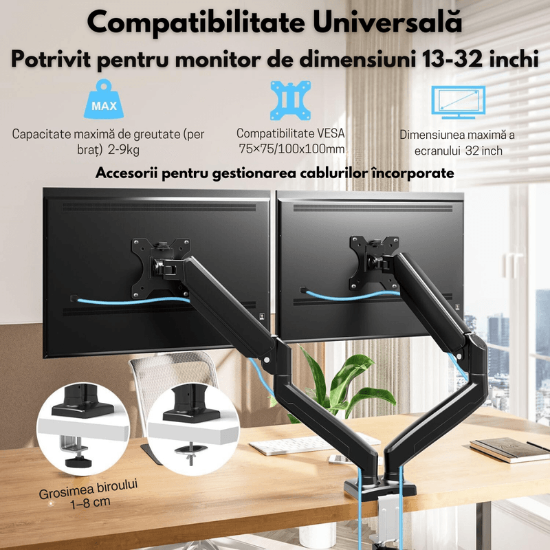 PC, gaming si accesorii - Desktop PC & monitoare - Accesorii monitoare - Suport Monitor dublu, pentru Birou, Multifunctional cu Brat dublu Reglabil,Suport Laptop inclus,Compatibil Ecrane 17-32" - Infinity.ro