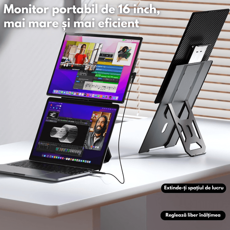PC, gaming si accesorii - Desktop PC & monitoare - Monitoare - Monitor Extensibil si portabil pentru Laptop, Qova®, Ecran de 16 inch, Afisaj IPS Full HD 1200P, 60Hz, Contrast 1.000:1 - Infinity.ro