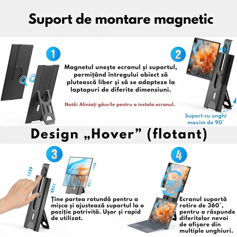 PC, gaming si accesorii - Desktop PC & monitoare - Monitoare - Monitor Extensibil si portabil pentru Laptop, Qova®, Ecran de 16 inch, Afisaj IPS Full HD 1200P, 60Hz, Contrast 1.000:1 - Infinity.ro