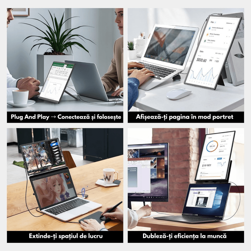 PC, gaming si accesorii - Desktop PC & monitoare - Monitoare - Monitor Extensibil si portabil pentru Laptop, Qova®, Ecran de 16 inch, Afisaj IPS Full HD 1200P, 60Hz, Contrast 1.000:1 - Infinity.ro