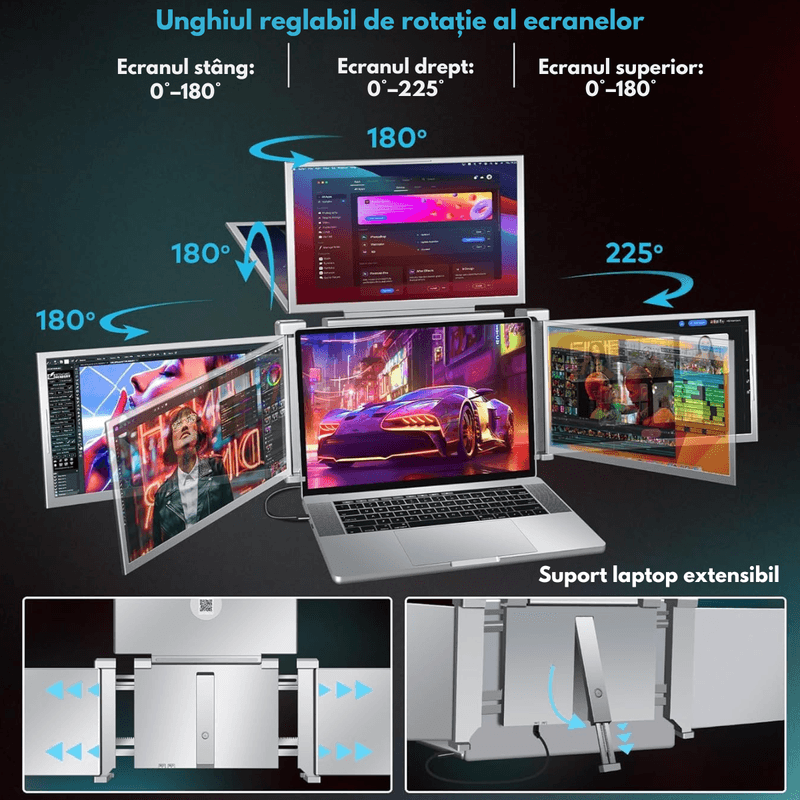 PC, gaming si accesorii - Desktop PC & monitoare - Monitoare - Monitor Extensibil si Portabil pentru laptop, QOVA®, Quad Screen de 14 inch, 3 Ecrane IPS - Full HD 1080p pliabile - Infinity.ro