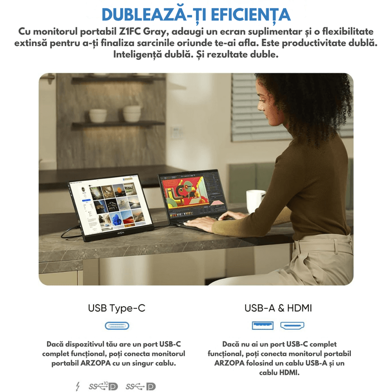PC, gaming si accesorii - Desktop PC & monitoare - Monitoare - Monitor Portabil Arzopa & Qova® de 13,3" inch, Ecran OLED, 1920*1080, Ultra-portabil, 100% sRGB, HDR 10, 60Hz,USB-C/HDMi - Infinity.ro