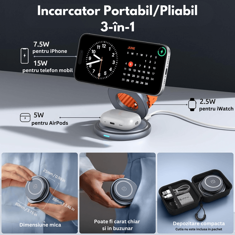 Laptop, Telefoane si Tablete - Telefoane mobile si accesorii - Accesorii Telefoane - Incarcatoare telefoane - Incarcator Wireless 3 in 1 Pliabil, Fast charger, Statie de incarcare Rapida 15W pentru dispozitivele Apple, Android - Infinity.ro