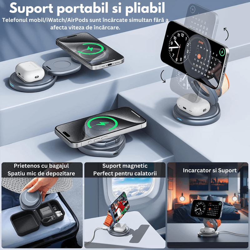 Laptop, Telefoane si Tablete - Telefoane mobile si accesorii - Accesorii Telefoane - Incarcatoare telefoane - Incarcator Wireless 3 in 1 Pliabil, Fast charger, Statie de incarcare Rapida 15W pentru dispozitivele Apple, Android - Infinity.ro