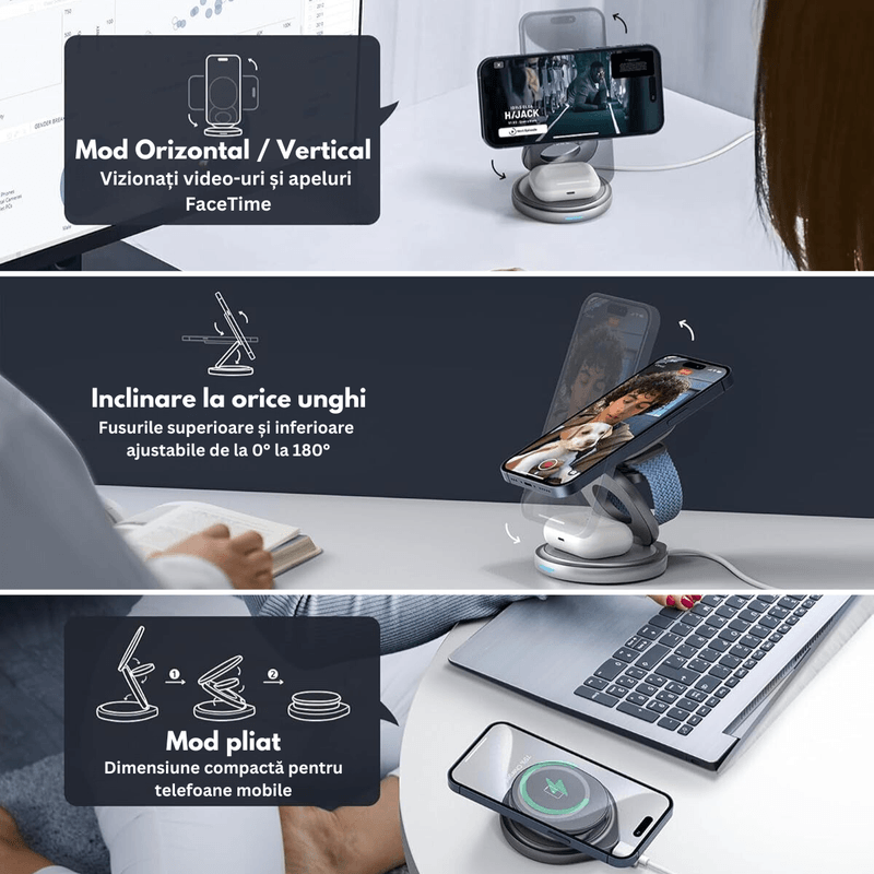 Laptop, Telefoane si Tablete - Telefoane mobile si accesorii - Accesorii Telefoane - Incarcatoare telefoane - Incarcator Wireless 3 in 1 Pliabil, Fast charger, Statie de incarcare Rapida 15W pentru dispozitivele Apple, Android - Infinity.ro