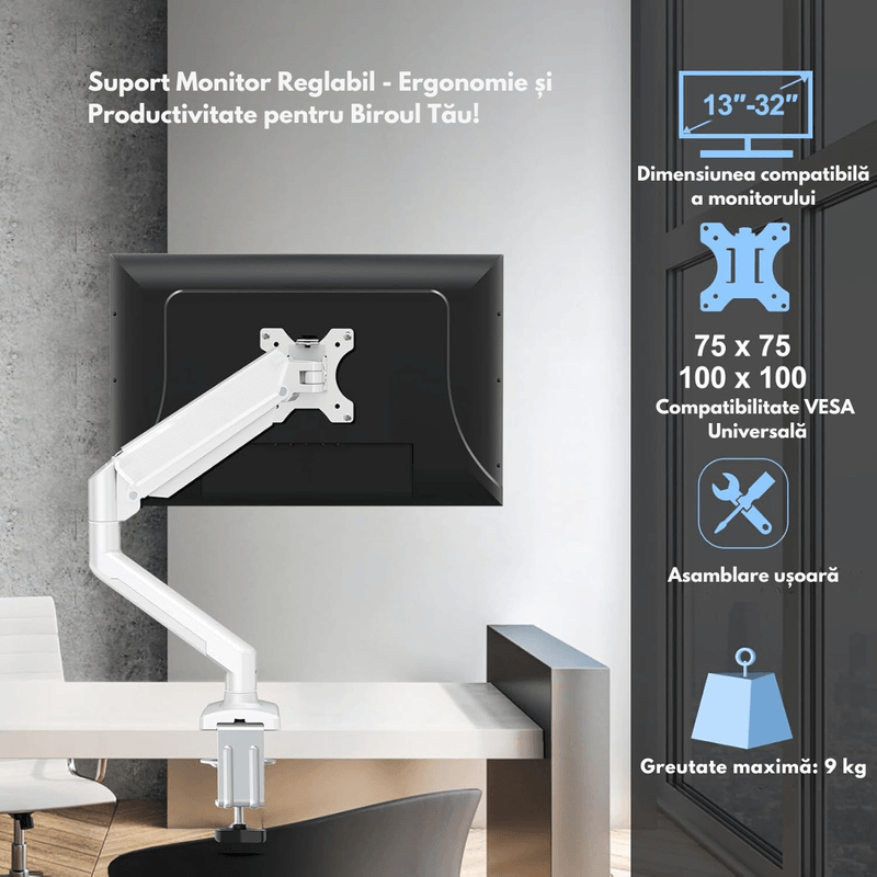 PC, gaming si accesorii - Desktop PC & monitoare - Accesorii monitoare - Suport Monitor, pentru Birou, Multifunctional cu Brat Reglabil, Suport prindere inclus, Compatibil cu Ecrane de 13-32" - Infinity.ro
