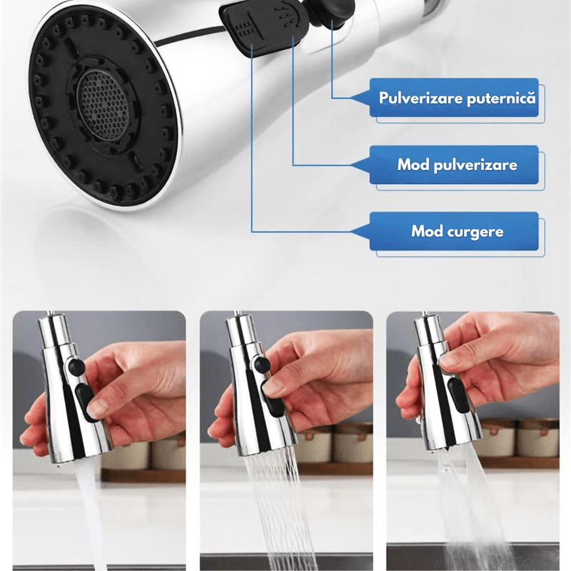 Casa si Gradina - Sanitare - Lavoar baie si accesorii - Accesorii baterii sanitare - Cap pentru Robinet, INCO®, Adaptor Universal si flexibil pentru Baterie, Extractabil cu Presiune Ajustabila si 3 moduri - Infinity.ro