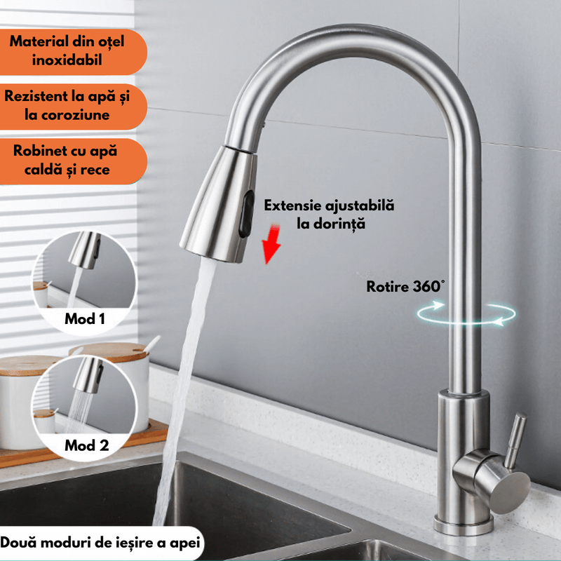 Casa si Gradina - Sanitare - Lavoar baie si accesorii - Baterii sanitare - Baterie pentru chiuveta INCO®, cu cap extensibil, pentru Apa rece-calda, Multifunctionala, Rotire 360° cu 2 Moduri - Infinity.ro