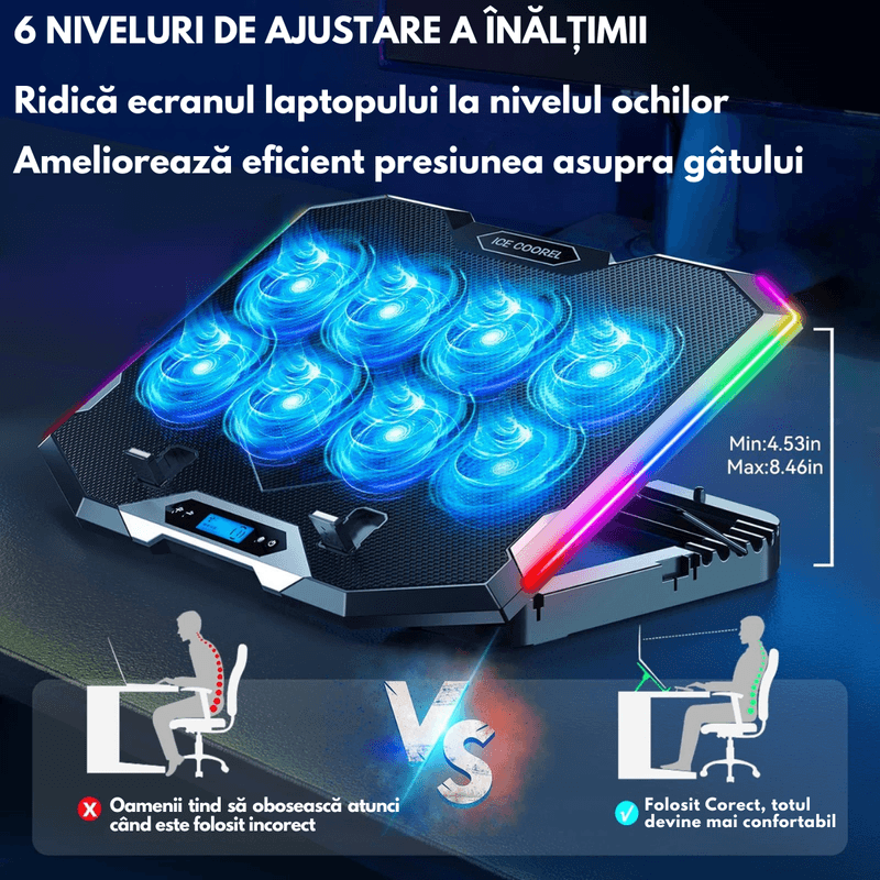 Laptop, Telefoane si Tablete - Laptopuri si accesorii - Accesorii Laptop - Standuri/Coolere notebook - Cooler laptop, Qova®, Suport de Racire RGB cu 8 Ventilatoare, 6 Trepte Reglabile, Afisaj LCD si Suport Telefon, 2x USB - Infinity.ro