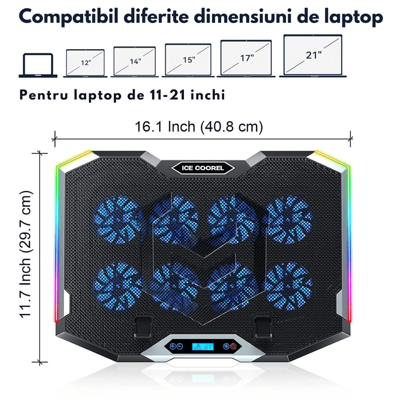 Laptop, Telefoane si Tablete - Laptopuri si accesorii - Accesorii Laptop - Standuri/Coolere notebook - Cooler laptop, Qova®, Suport de Racire RGB cu 8 Ventilatoare, 6 Trepte Reglabile, Afisaj LCD si Suport Telefon, 2x USB - Infinity.ro