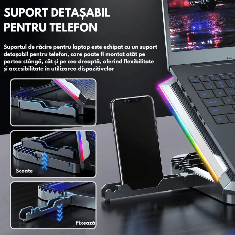 Laptop, Telefoane si Tablete - Laptopuri si accesorii - Accesorii Laptop - Standuri/Coolere notebook - Cooler laptop, Qova®, Suport de Racire RGB cu 8 Ventilatoare, 6 Trepte Reglabile, Afisaj LCD si Suport Telefon, 2x USB - Infinity.ro