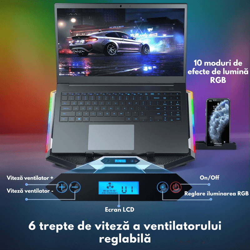Laptop, Telefoane si Tablete - Laptopuri si accesorii - Accesorii Laptop - Standuri/Coolere notebook - Cooler laptop, Qova®, Suport de Racire RGB cu 8 Ventilatoare, 6 Trepte Reglabile, Afisaj LCD si Suport Telefon, 2x USB - Infinity.ro