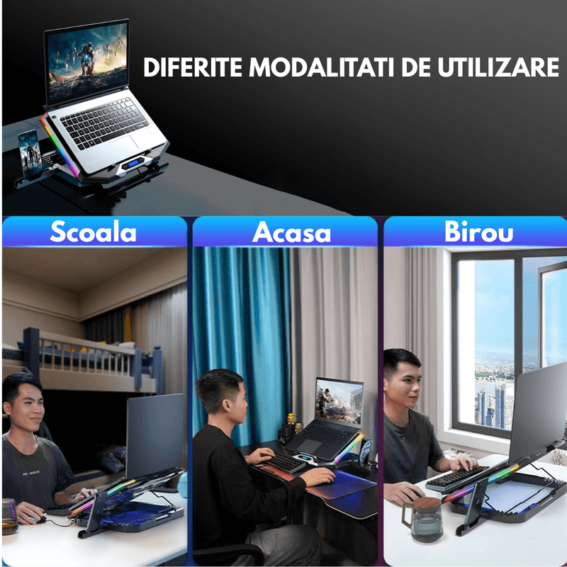 Laptop, Telefoane si Tablete - Laptopuri si accesorii - Accesorii Laptop - Standuri/Coolere notebook - Cooler laptop, Qova®, Suport de Racire RGB cu 8 Ventilatoare, 6 Trepte Reglabile, Afisaj LCD si Suport Telefon, 2x USB - Infinity.ro