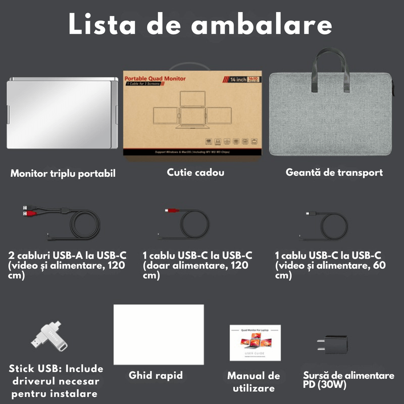 PC, gaming si accesorii - Desktop PC & monitoare - Monitoare - Monitor Extensibil si Portabil pentru laptop, Qova®, 3 Ecrane Full HD 1200P de 14" inch, sRGB 100%, pliabile si rotative - Infinity.ro