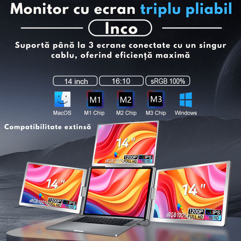 PC, gaming si accesorii - Desktop PC & monitoare - Monitoare - Monitor Extensibil si Portabil pentru laptop, Qova®, 3 Ecrane Full HD 1200P de 14" inch, sRGB 100%, pliabile si rotative - Infinity.ro