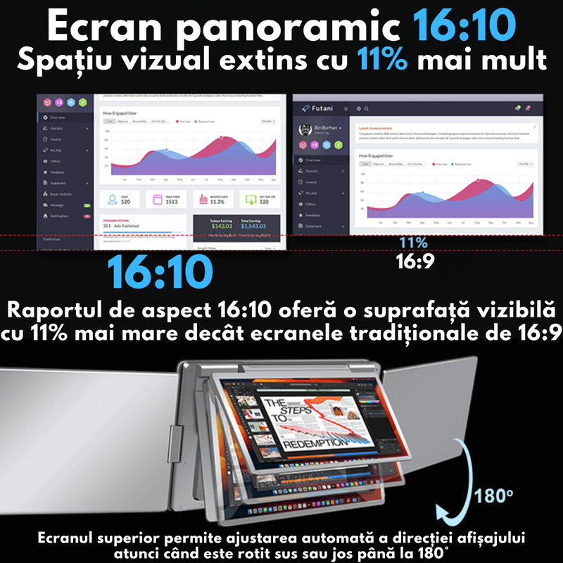 PC, gaming si accesorii - Desktop PC & monitoare - Monitoare - Monitor Extensibil si Portabil pentru laptop, Qova®, 3 Ecrane Full HD 1200P de 14" inch, sRGB 100%, pliabile si rotative - Infinity.ro