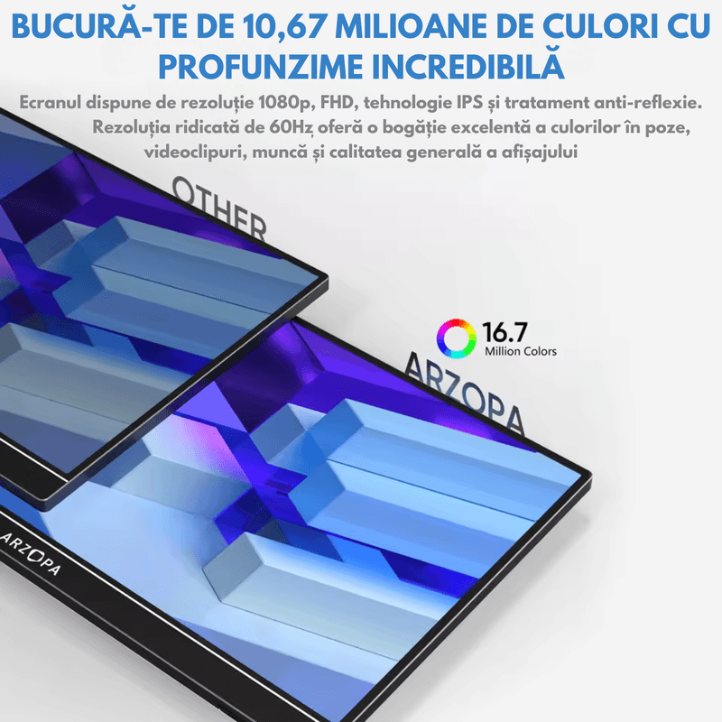 PC, gaming si accesorii - Desktop PC & monitoare - Monitoare - Monitor Portabil Arzopa & Qova® de 15.6", IPS FHD 1080p, USB-C & HDMI, HDR, 300 Nits, Dual Speaker, Protectie Ochi, Slim - Infinity.ro