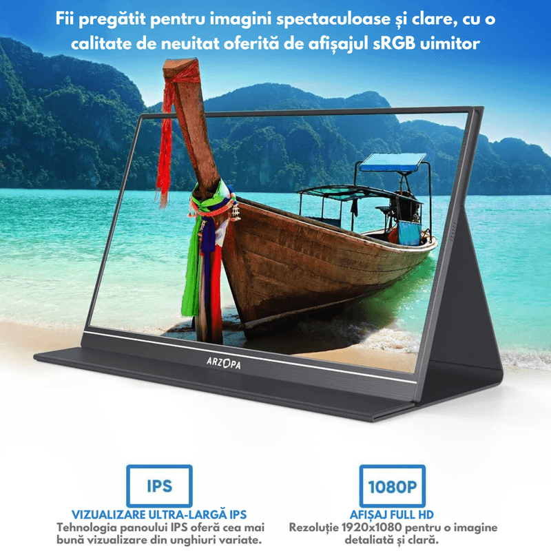 PC, gaming si accesorii - Desktop PC & monitoare - Monitoare - Monitor Portabil Arzopa & Qova® de 15.6", IPS FHD 1080p, USB-C & HDMI, HDR, 300 Nits, Dual Speaker, Protectie Ochi, Slim - Infinity.ro