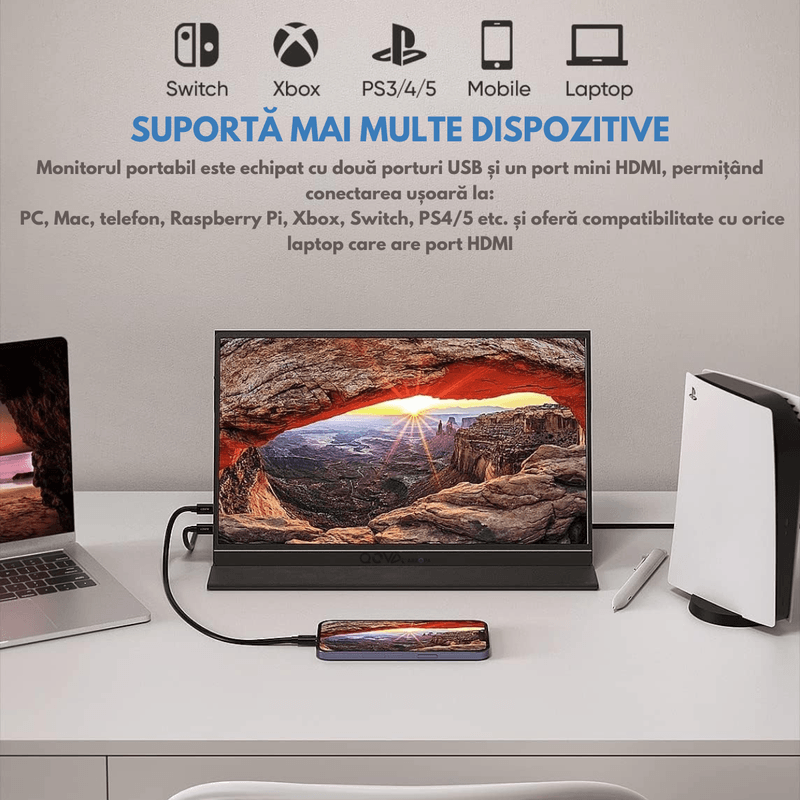 PC, gaming si accesorii - Desktop PC & monitoare - Monitoare - Monitor Portabil Arzopa & Qova® de 15.6", IPS FHD 1080p, USB-C & HDMI, HDR, 300 Nits, Dual Speaker, Protectie Ochi, Slim - Infinity.ro