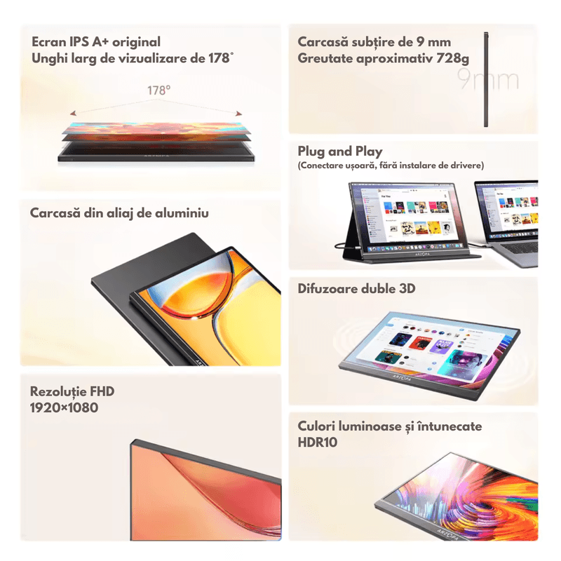 PC, gaming si accesorii - Desktop PC & monitoare - Monitoare - Monitor Portabil Arzopa & Qova® de 15.6", IPS FHD 1080p, USB-C & HDMI, HDR, 300 Nits, Dual Speaker, Protectie Ochi, Slim - Infinity.ro