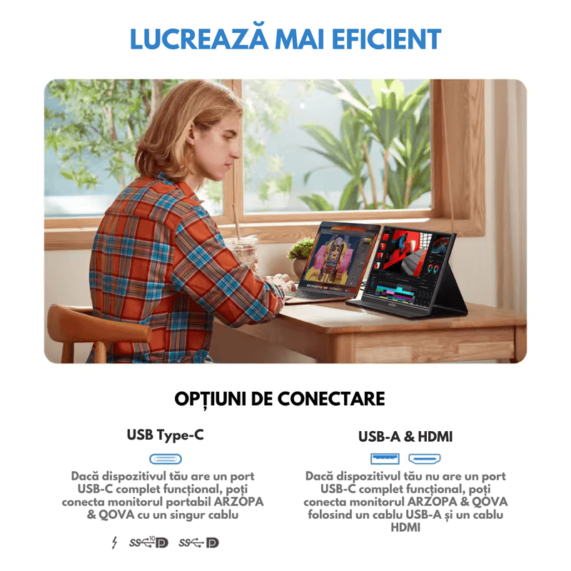 PC, gaming si accesorii - Desktop PC & monitoare - Monitoare - Monitor Portabil Arzopa & Qova® de 15.6", IPS FHD 1080p, USB-C & HDMI, HDR, 300 Nits, Dual Speaker, Protectie Ochi, Slim - Infinity.ro