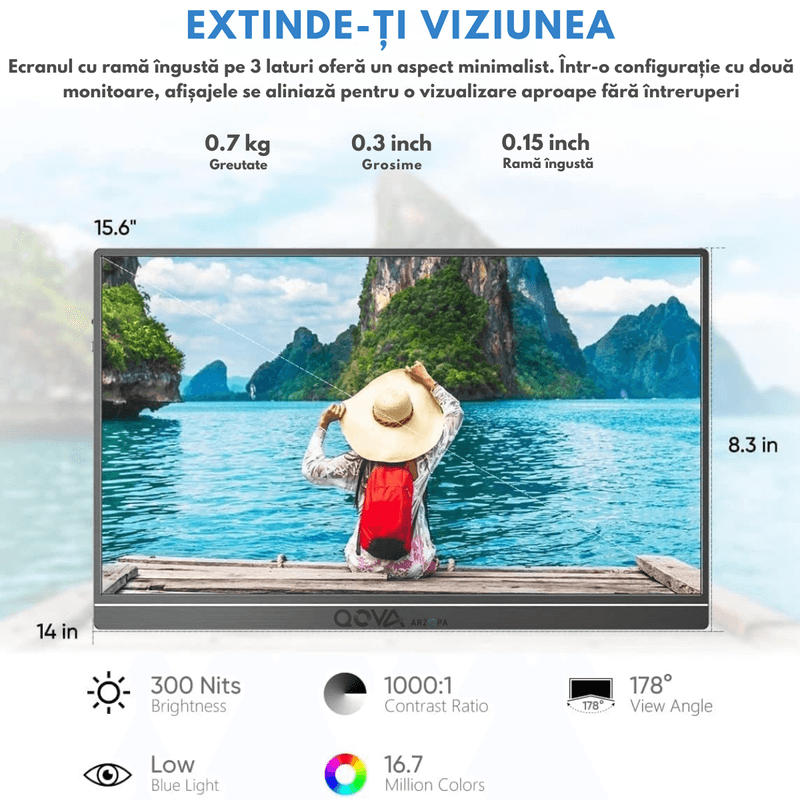 PC, gaming si accesorii - Desktop PC & monitoare - Monitoare - Monitor Portabil Arzopa & Qova® de 15.6", IPS FHD 1080p, USB-C & HDMI, HDR, 300 Nits, Dual Speaker, Protectie Ochi, Slim - Infinity.ro