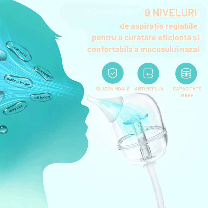 Jucarii, Copii si Bebe - Igiena si ingrijire - Accesorii ingrijire copii - Aspiratoare nazale si accesorii - Aspirator nazal electric pentru bebelusi si copii silentios INCO®, 9 niveluri de aspiratie reglabile, 3 varfuri silicon - Infinity.ro