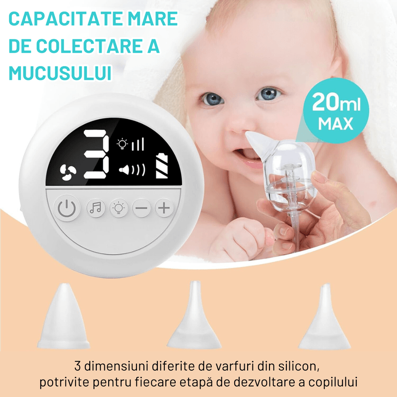 Jucarii, Copii si Bebe - Igiena si ingrijire - Accesorii ingrijire copii - Aspiratoare nazale si accesorii - Aspirator nazal electric pentru bebelusi si copii silentios INCO®, 9 niveluri de aspiratie reglabile, 3 varfuri silicon - Infinity.ro