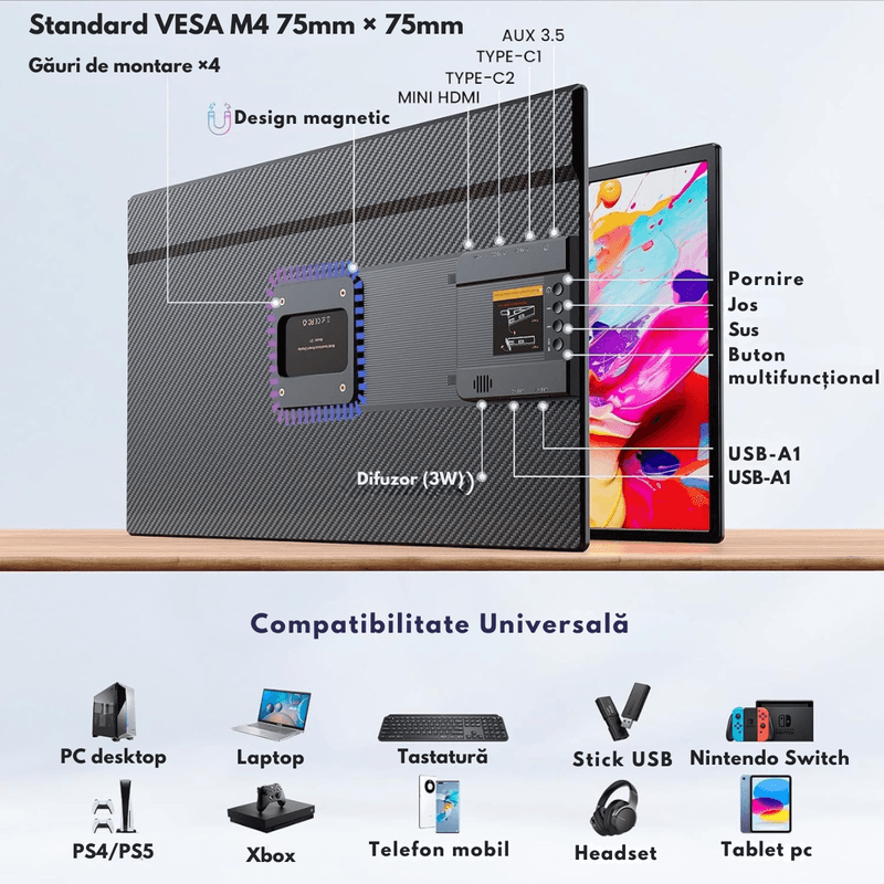PC, gaming si accesorii - Desktop PC & monitoare - Monitoare - Monitor Portabil si Extensibil de 23.8 inch, Qova®, Ecran IPS, Full HD 1080p, 100Hz, 300 Nits, 120% sRGB, raport 16:9 - Infinity.ro