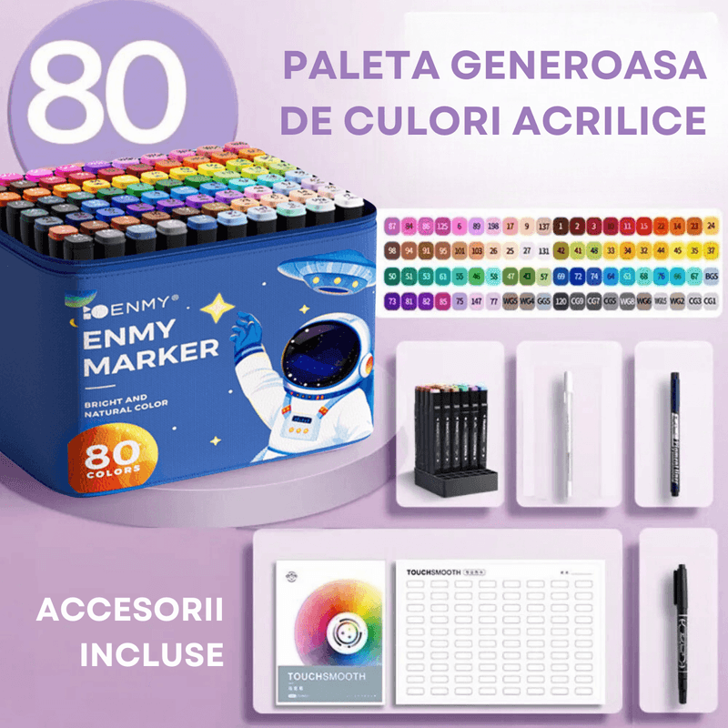 Carti si Birotica - Birotica - Instrumente de scris - Creioane - Set 80 de carioci profesionale, cerneala pe baza de alcool, Qova®, multicolore pentru desen, varf dublu subtire si gros - Infinity.ro