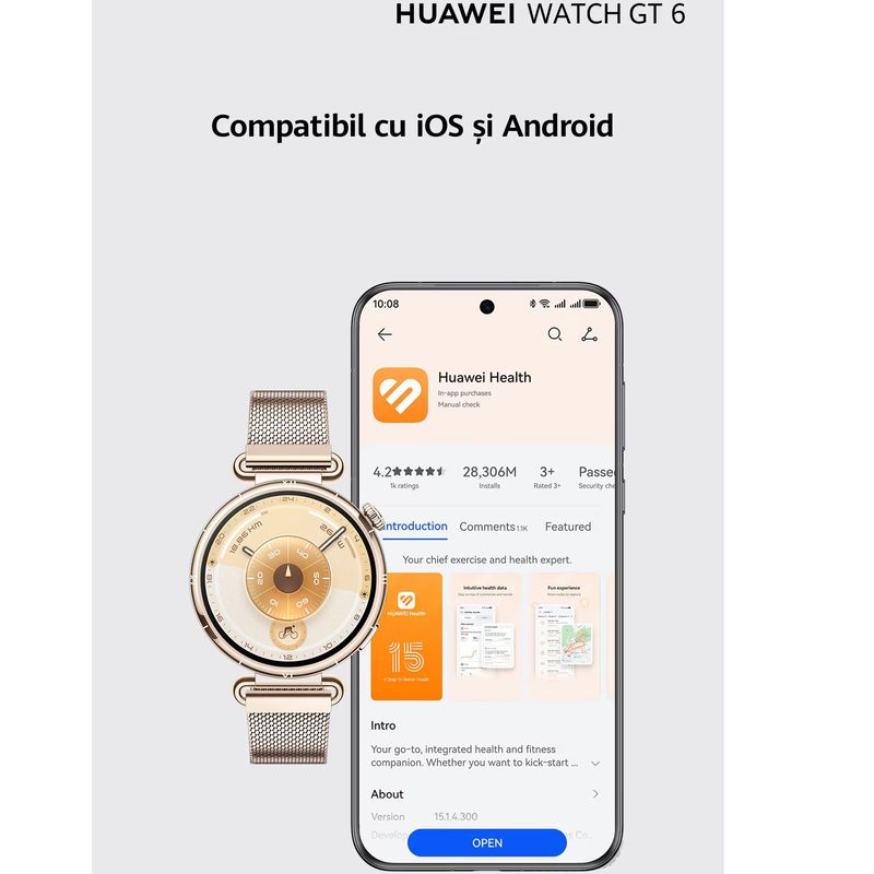 Laptop, Telefoane si Tablete - Wearables si gadgeturi - Wearables - Smartwatch-uri - Smartwatch Huawei Watch GT 6, 41MM, Gold Stainless Steel Case, Gold Milanese Strap - Infinity.ro