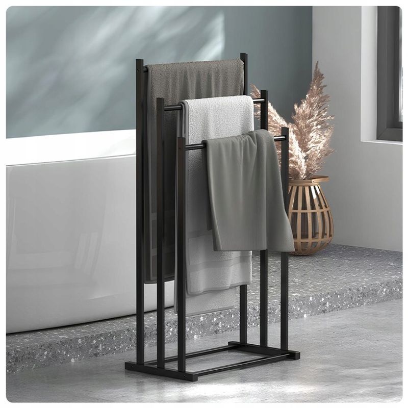 Casa si Gradina - Sanitare - Suporturi si accesorii baie - Accesorii baie - Suport Pentru Prosoape NewEvo, Metal, 3 Brate, Negru, 84x41x21.5cm - Infinity.ro