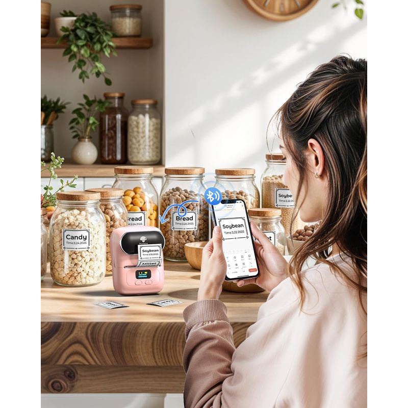 PC, gaming si accesorii - Imprimante, scanere & consumabile - Imprimante - Imprimante termice - Imprimanta Etichete Termica Portabila, Compatibila iOS/Android/Windows, Aplicatie Telefon, Rola 40x30 Inclusa, Roz - Infinity.ro