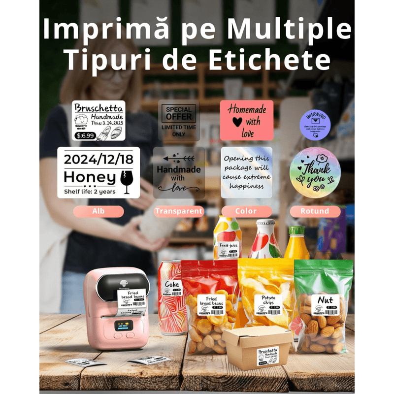 PC, gaming si accesorii - Imprimante, scanere & consumabile - Imprimante - Imprimante termice - Imprimanta Etichete Termica Portabila, Compatibila iOS/Android/Windows, Aplicatie Telefon, Rola 40x30 Inclusa, Roz - Infinity.ro