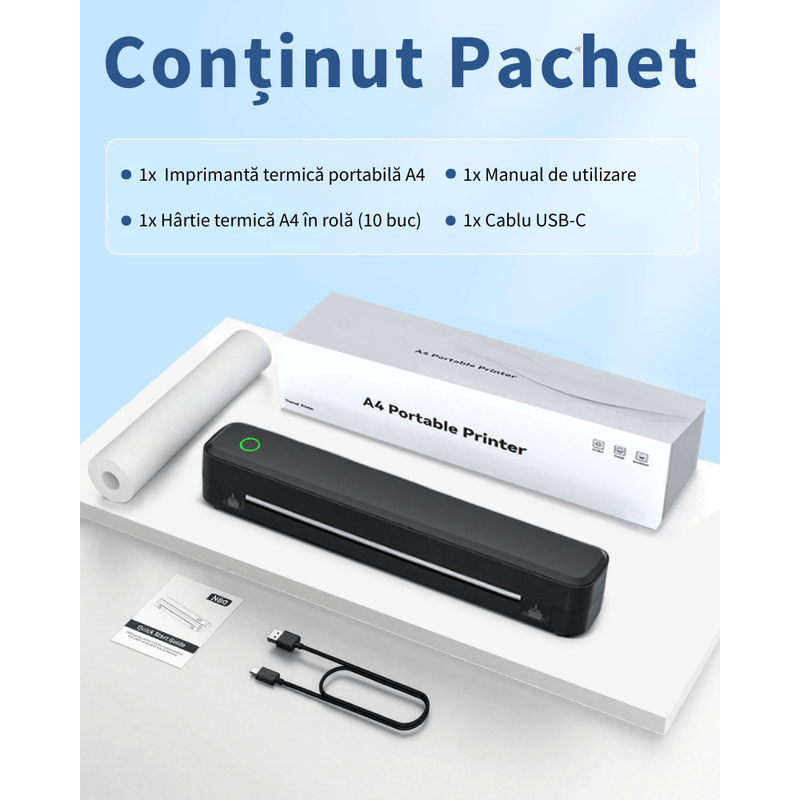 PC, gaming si accesorii - Imprimante, scanere & consumabile - Imprimante - Imprimante termice - Imprimanta termica A4 portabila VITTALIST 203DPI, BT/WiFi/USB, fara cerneala, tatuaje/documente, iOS/Android/Windows/Mac - Infinity.ro