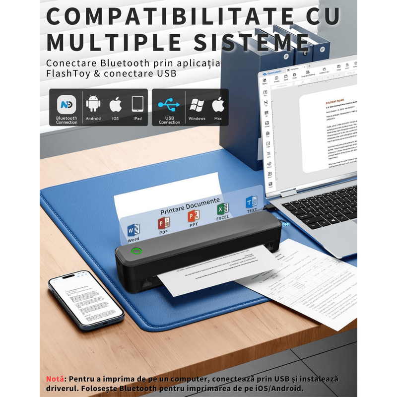 PC, gaming si accesorii - Imprimante, scanere & consumabile - Imprimante - Imprimante termice - Imprimanta termica A4 portabila VITTALIST 203DPI, BT/WiFi/USB, fara cerneala, tatuaje/documente, iOS/Android/Windows/Mac - Infinity.ro