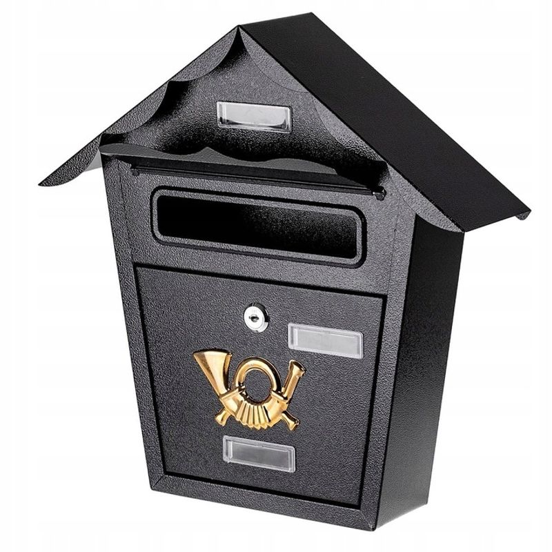 Casa si Gradina - Mobilier - Organizare si depozitare - Cutii depozitare - Cutie postala eleganta din metal negru, design clasic cu emblema aurie, rezistenta la intemperii, 38x38x10cm - Infinity.ro