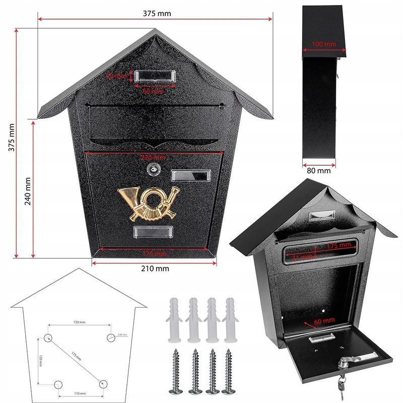 Casa si Gradina - Mobilier - Organizare si depozitare - Cutii depozitare - Cutie postala eleganta din metal negru, design clasic cu emblema aurie, rezistenta la intemperii, 38x38x10cm - Infinity.ro