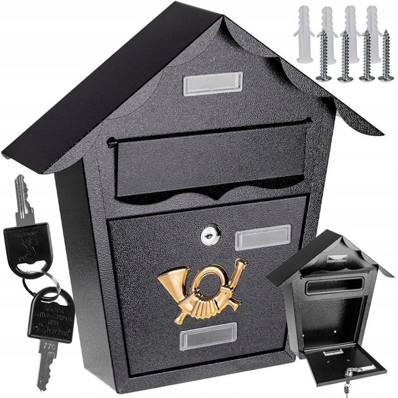 Casa si Gradina - Mobilier - Organizare si depozitare - Cutii depozitare - Cutie postala eleganta din metal negru, design clasic cu emblema aurie, rezistenta la intemperii, 38x38x10cm - Infinity.ro