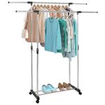 Casa si Gradina - Mobilier - Organizare si depozitare - Cuiere - Suport pentru haine pe roti, sina dubla, reglabil pe inaltime si latime, din aluminiu cromat, 155x45x150cm, argintiu - Infinity.ro