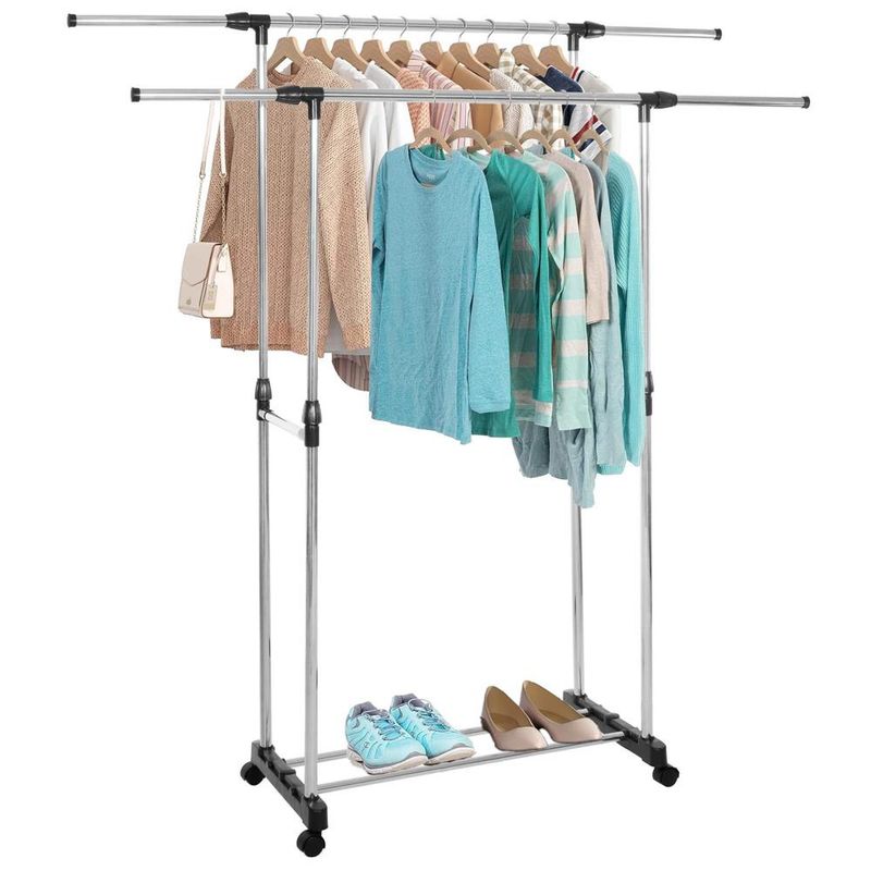 Casa si Gradina - Mobilier - Organizare si depozitare - Cuiere - Suport pentru haine pe roti, sina dubla, reglabil pe inaltime si latime, din aluminiu cromat, 155x45x150cm, argintiu - Infinity.ro