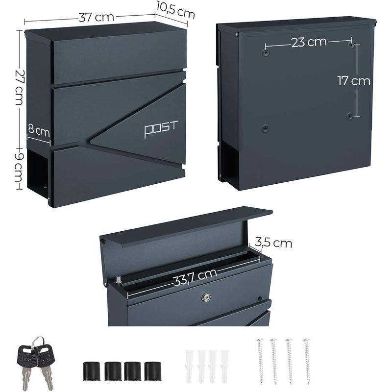 Casa si Gradina - Mobilier - Organizare si depozitare - Cutii depozitare - Cutie postala de exterior, pentru gard sau perete, din otel, cu incuietoare, 37x11x37cm, gri antracit - Infinity.ro