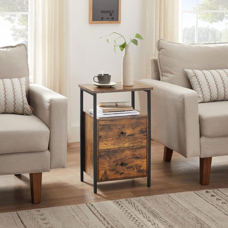 Casa si Gradina - Mobilier - Comode si corpuri - Noptiere - Noptiera cu 2 sertare pentru dormitor, design industrial, 28x38x60cm, maro si negru - Infinity.ro
