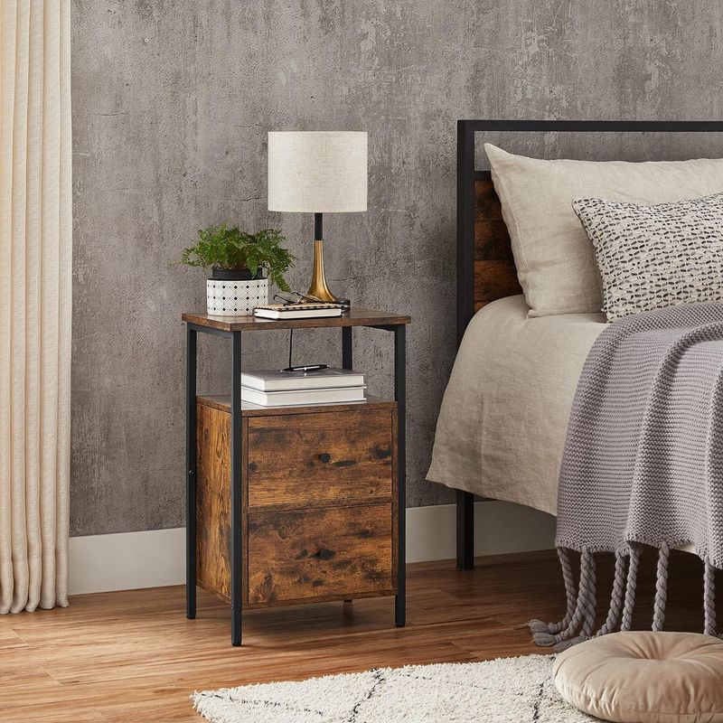 Casa si Gradina - Mobilier - Comode si corpuri - Noptiere - Noptiera cu 2 sertare pentru dormitor, design industrial, 28x38x60cm, maro si negru - Infinity.ro