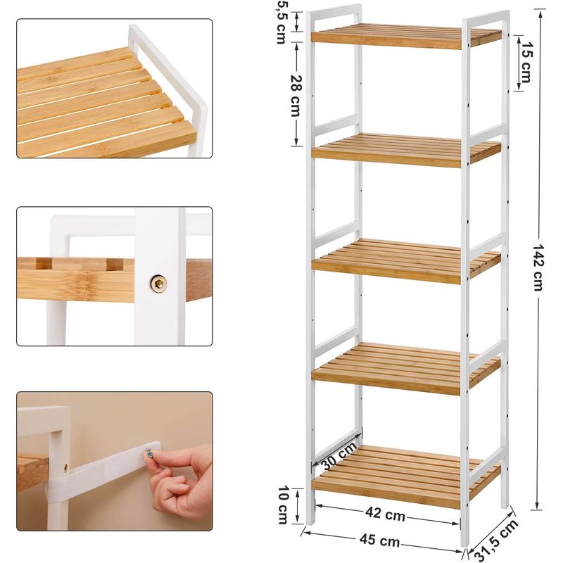 Casa si Gradina - Mobilier - Mobilier baie - Etajere baie - SONGMICS Etajera bambus 5 rafturi, pentru baie, bucatarie sau living, 45x32x142 cm, alb natur - Infinity.ro