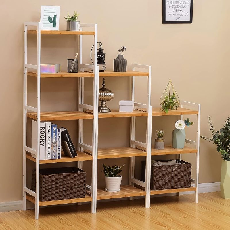 Casa si Gradina - Mobilier - Mobilier baie - Etajere baie - SONGMICS Etajera bambus 5 rafturi, pentru baie, bucatarie sau living, 45x32x142 cm, alb natur - Infinity.ro